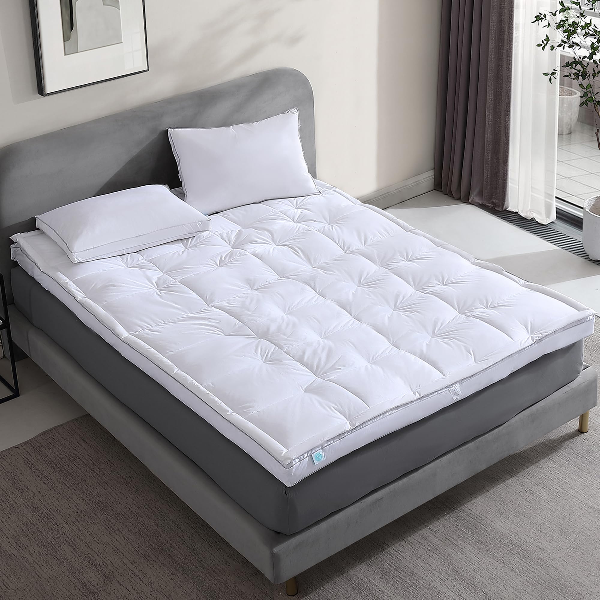 Martha Stewart Mattress Topper King Size - 3 Inch Feather Bed 100% Cotton Cover Fabric- All Seasons Fluffy White Mattress Pad Fe